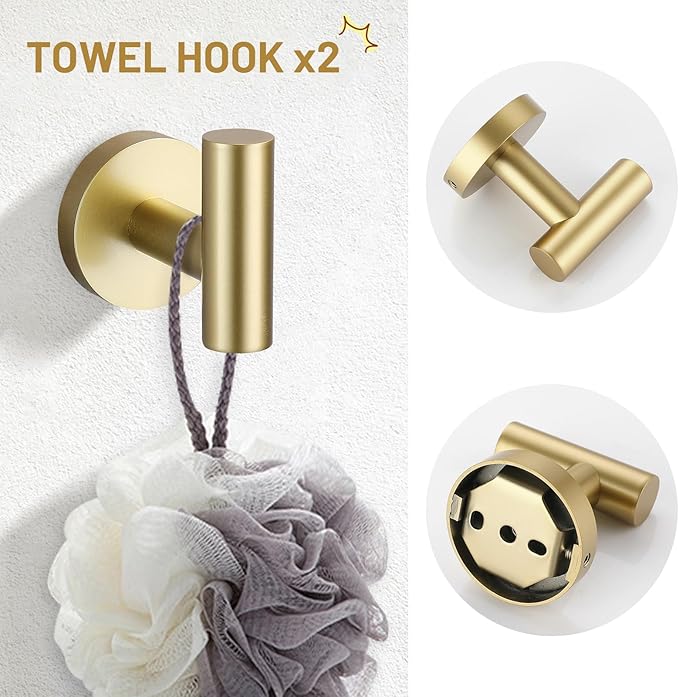 TURS Brushed Gold 5 Piece Bathroom Hardware Set, SUS304 Stainless Steel Bath Towel Bar Set, 23.6 Inch Round Bathroom Accessories Kit Wall Mounted