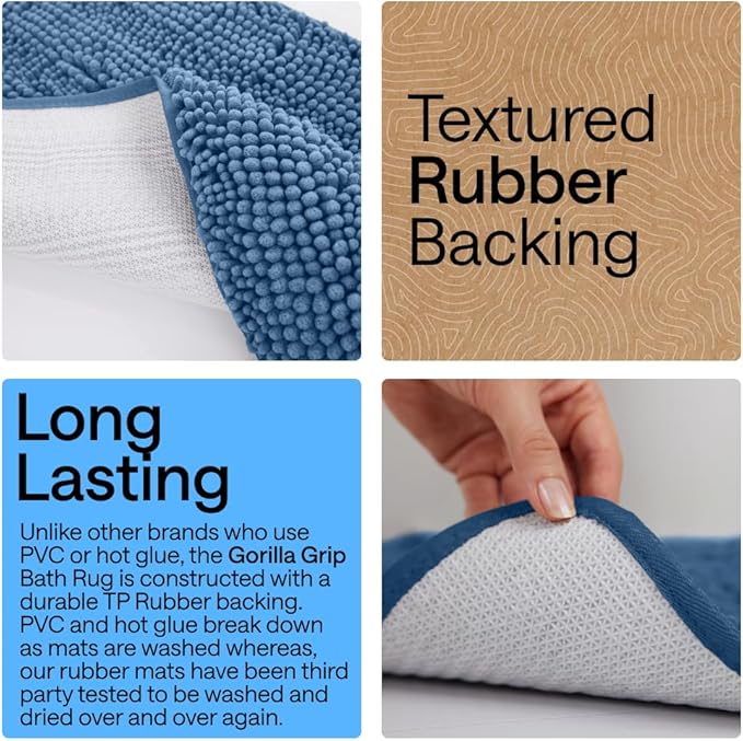 GORILLA GRIP Plush Absorbent Shaggy Chenille Bath Rug Mat for Oval Toilet Base with Rubber Backing, Machine Washable Rugs, Soft Microfiber Contour Mats for Toilets, Quick Dry, Bathroom Decor, Blue