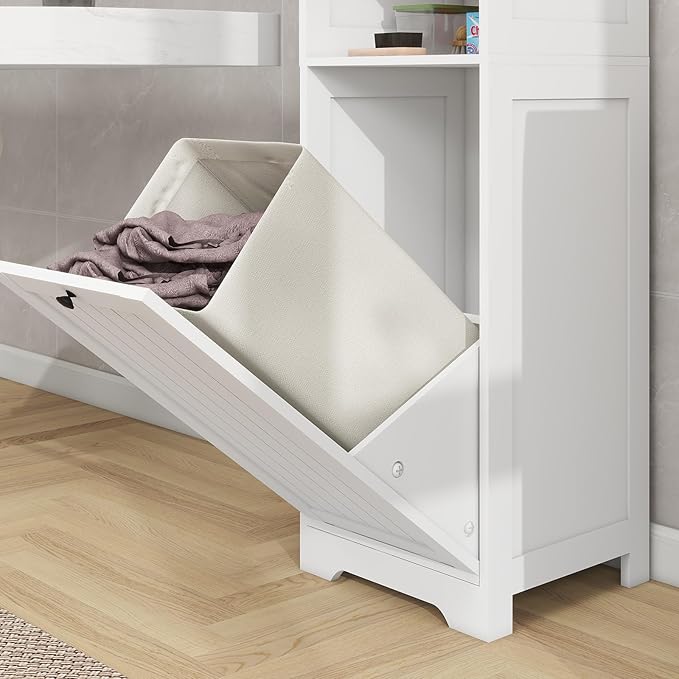 Locsear Tilt Out Laundry Hamper Cabinet, 55" Tall Bathroom Storage Cabinet Laundry Cabinet with Shelves and Clothes Basket, Hamper Cabinet Shelf for Laundry Room Bathroom Organizer, White