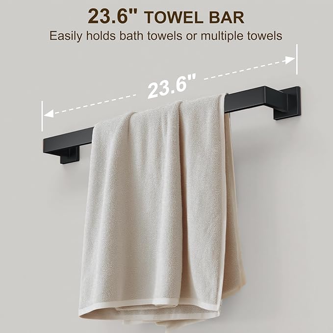 10 Pcs SUS304 Stainless Steel Bathroom Accessories Set, 23.6" Towel Bar, Toilet Paper Holder, Rectangular Towel Ring, Towel Hooks, Minimalist Design for All Styles Bathrooms (Matte Black)