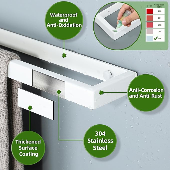 Alise Hand Towel Holder Towel Bar for Bathroom Wall Mount by Adhesive or Drilling,Towel Rack for Bathroom Lavatory,8 Inch SUS304 Stainless Steel Towel Rail Towel Hanger for Walls,White