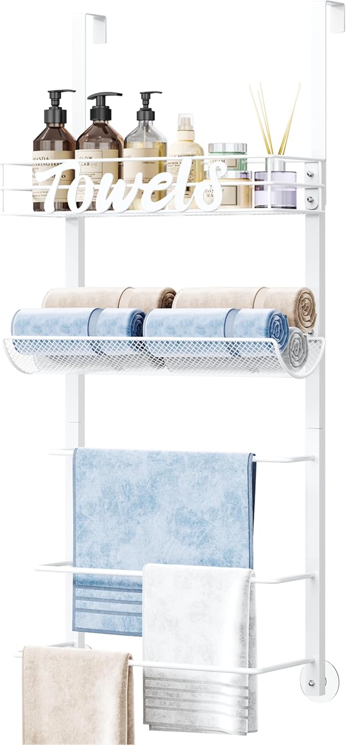 SWTYMIKI Over The Door Towel Racks for Bathroom - 5-Tier Wall Mounted Bathroom Towel Storage Organizer Holder with Metal Shelf, White