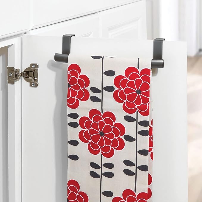 mDesign Steel Over Door Curved Towel Bar Storage, Hanger for Cabinet or Cupboard, Holder Rack for Kitchen, Bathroom - Holds Hand/Dish Towels, Washcloths - Spira Collection - 2 Pack - Graphite Gray