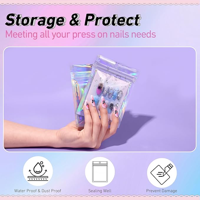 100PCS Press on Nail Packaging Bag, 100PCS Display Card with 231 Pcs Pre-cut Adhesive Tape & Diamond Art Pens & Glue Clay & Tweezers, 6-in-1 Set for Nail Display (Laser)