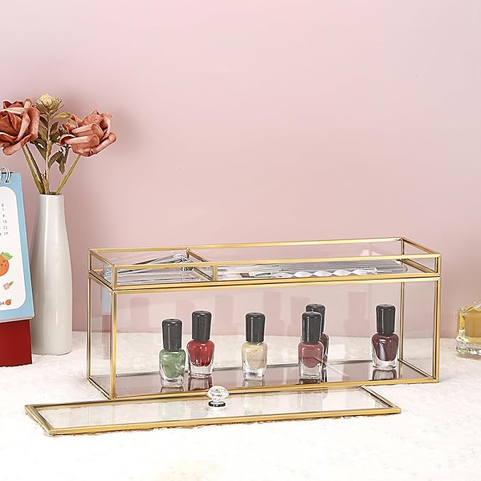 JUXYES Glass Nail Polish Set Storage Box with Tray and Lid, Double Tiers Personal Storage Box Organizer with Mirrored Bottom for Nail Polish Tweezer Manicure Tools Nail Art Accessories Tools Supplies