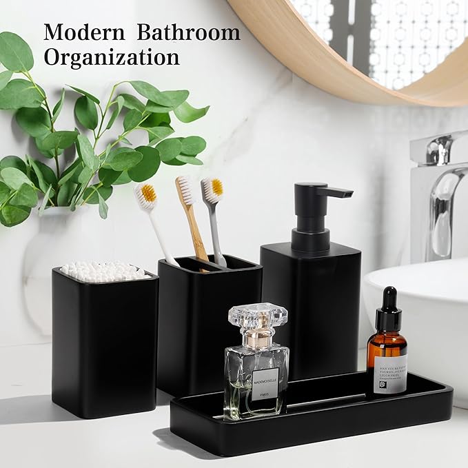 YMXYJM Bathroom Accessories Set, 4 Pcs Bathroom Accessory Set, Soap Dispenser, Toothbrush Holder, Qtip Holder Set, Bathroom Sets Complete, Bathroom Sink Set for Modern Home,Matte Black