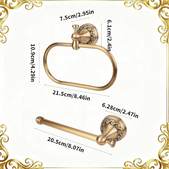 2pcs Antique Brass Toilet Paper Holder, Vintage Brass Hand Towel Ring Bathroom Hardware Wall-Mounted Towel Rack Accessories for Home Hostel