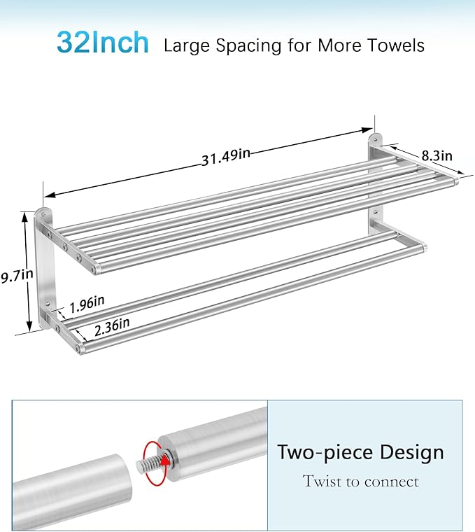 32 in Towel Racks for Bathroom, Bath Towel Shelf with Double Towel Bar, Stainless Steel Towel Storage for Lavatory Wall Mounted, 2-Tier Towel Hanger Towel Holder, Brushed Nickel