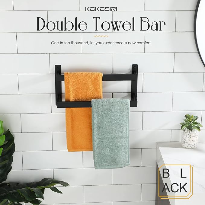 KOKOSIRI Towel Bars Black Bath Towel Holders 16 Inches Bathroom 2-Tiers Ladder Towel Rails Wall Mounted Towels Shelves Rack Stainless Steel, B5008BK-L16