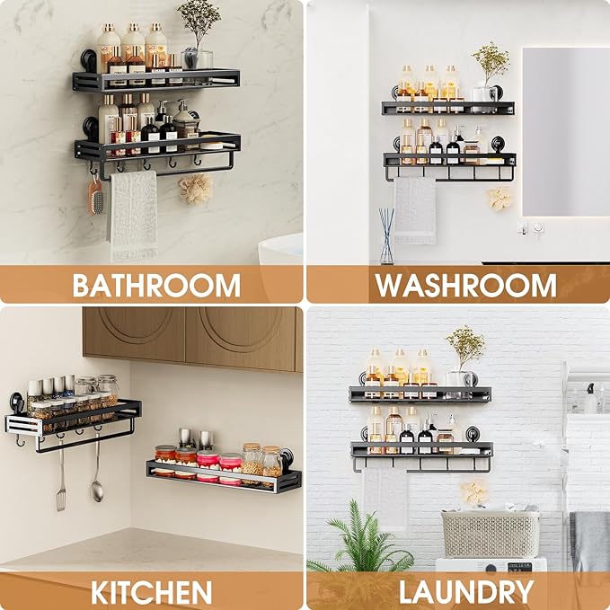 Shower Caddy Suction Cup, 15.7 inch Suction Shower Shelf with Hooks NO-Drilling Bathroom Holder, Rustproof Bathroom Organizer, Black