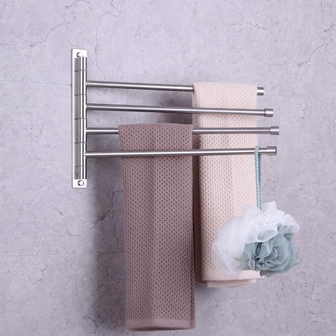 GERZWY Swivel Towel Bar SUS 304 Stainless Steel 4-Arm Bathroom Swing Hanger Towel Rack Holder Storage Organizer Space Saving Wall Mount Brushed Finish HYG04-LS