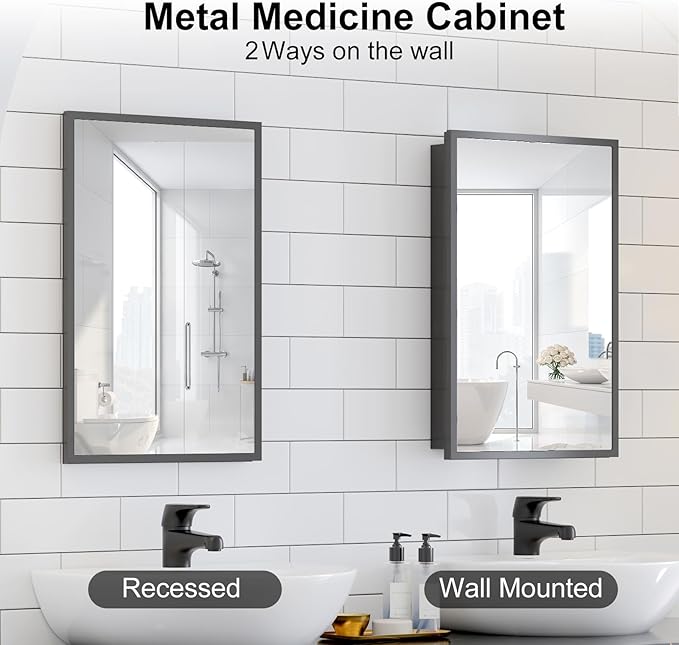 Metal Recessed Medicine Cabinets for Bathroom,Wall Mounted Medicine Cabinet with Mirror,Bathroom Cabinet with Mirror,Adjust Shelves Mirrored Cabinets with Storage,Fully Assembled 16x26