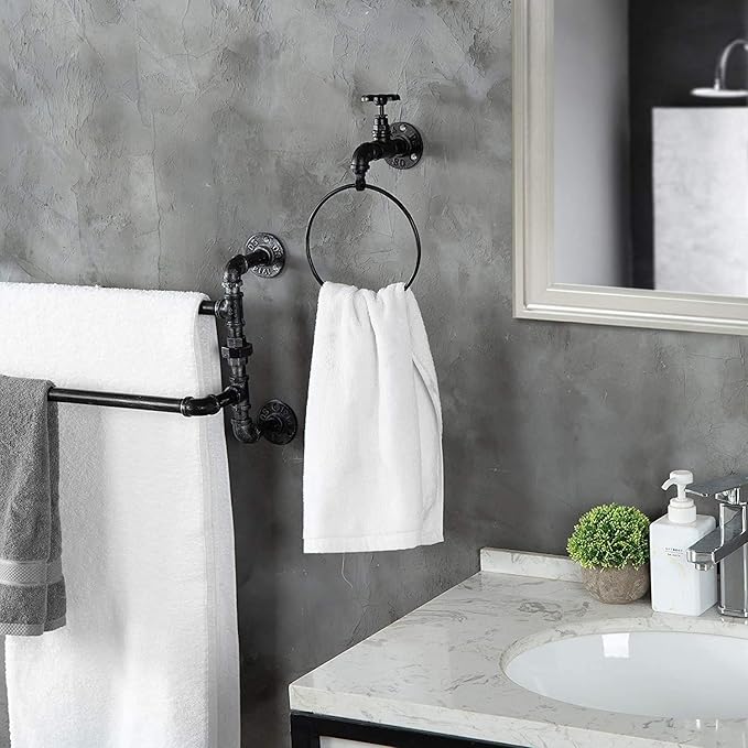 MyGift Hand Towel Holder Ring, Bath Towel Hanging Rack Wall Mounted, Industrial Bathroom Accessories, Farmhouse Decor, Faucet Pipe Metal Black