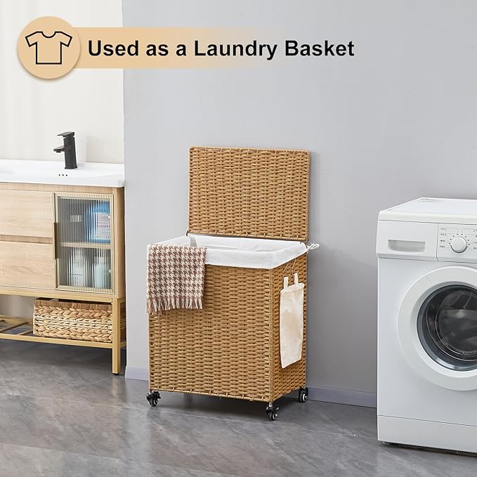 Handwoven Hamper with Lid, Laundry Basket with Wheels, Machine Washable Liner, 2 Section Clothes Hamper for Bathroom Laundry Room Bedroom, Rattan, 125L