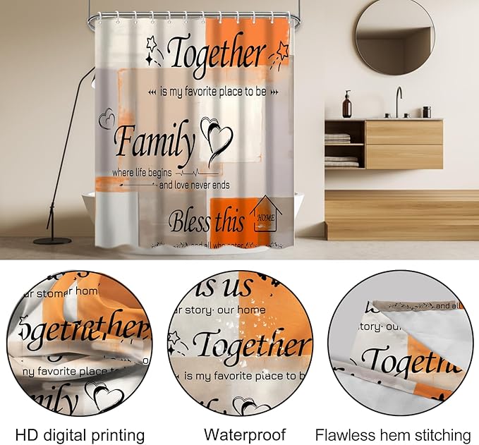 Lnond 4Pcs Bathroom Shower Curtain Sets with Rugs, Orange Motivational Home Family Bathroom Sets with Shower Curtain and Rugs and Accessories