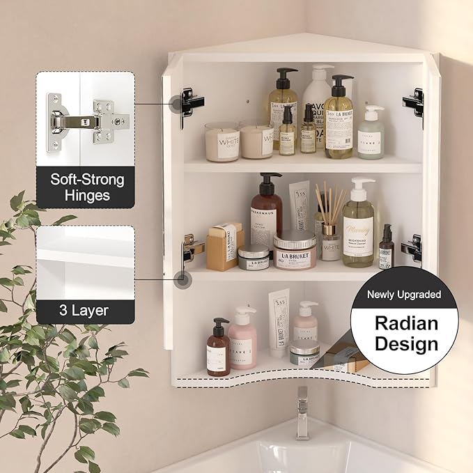 Bathroom Corner Medicine Cabinet, Corner Medicine Cabinet with 2 Doors,Small Cabinet for Bathroom,White,18x24 inch