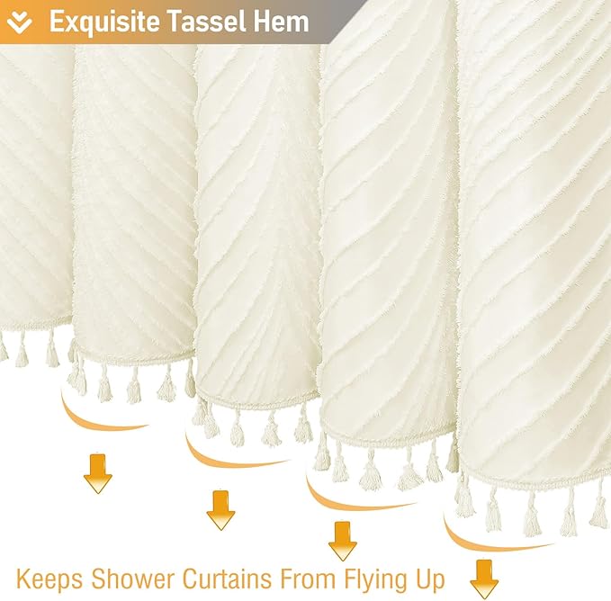 BTTN Cream Boho Farmhouse Shower Curtain, Tufted Leaves Textured Striped Fabric Shower Curtain Set with Tassels, Water Repellent, Modern Minimalist Vintage Cloth Shower Curtains for Bathroom, 72 x 72