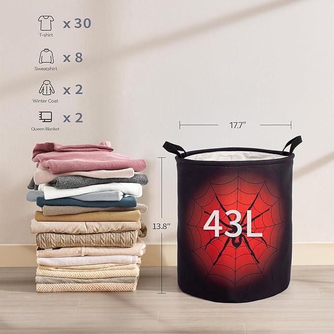 Black Red Spider Laundry Basket Foldable With Handles Tote Bag Waterproof Oxford Cloth Funny Laundry Hamper Clothes Storage Bucket Toy Organizer 43L For Bathroom/Laundry/Bedroom (Spider, 43L)