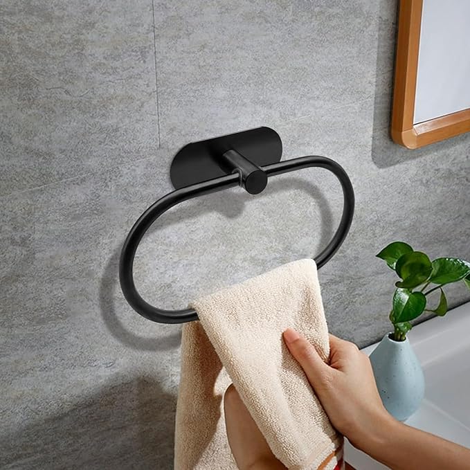 Self Adhesive Towel Ring, Matte Black Adhesive Hand Towel Holder Stainless Steel Oval Hand Towel Ring No Drilling Modern Hand Towel Hanger for Bathroom Kitchen Accessories