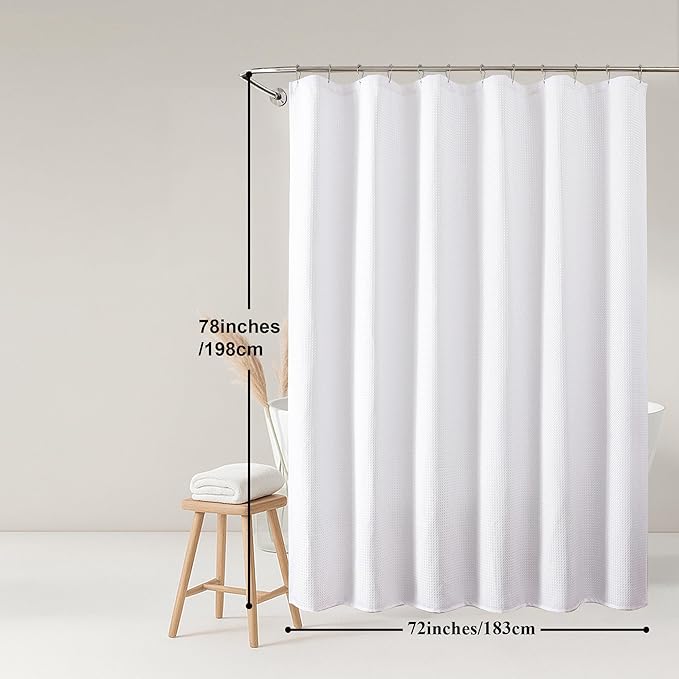 OWENIE White Waffle Weave Fabric Shower Curtain, Textured Heavy Cloth Shower Curtains for Bathroom, Water Repellent Soft Hotel Spa Luxury Elegant Bath Curtain, Machine Washable, White, 72x78 Inch
