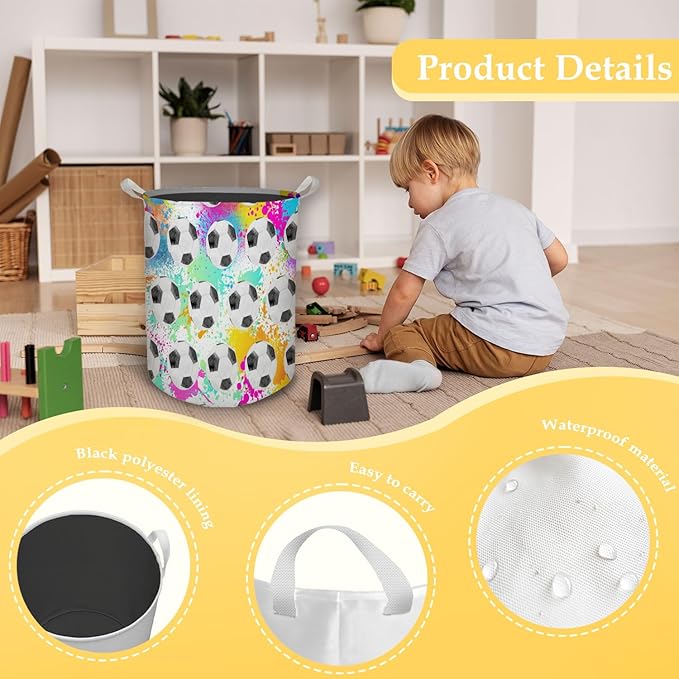 Colorful Football Laundry Basket, Toybox for Boys Room, Kids Laundry Basket Hamper Waterproof Collapsible Clothes Toys Storage Bin Organizer for Bedroom Bathroom Boys Room Dorm