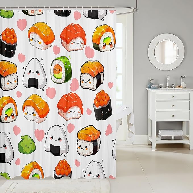 Feelyou Kids Cute Sushi Shower Curtain Boys Girls Japanese Style Bathroom Curtain Kawaii Decor for Stalls Bathtubs 72" x 84" (Pack of 1), Waterproof, Machine Washable