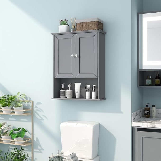 VANIRROR Grey Wall Mounted Bathroom Cabinet 24x30 Inch Wooden Over Toilet Storage Cabinet with 2 Doors, Above Toilet Medicine Cabinets for Bathroom Laundry Room Bedroom Kitchen