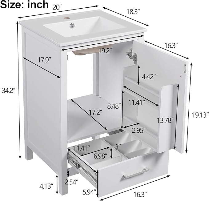 Virubi 20" Small Bathroom Vanity with Sink, Soft-Close Drawer and Door, Wood Modern Single Bathroom Sink Cabinet with Doors and Shelves, Adjustable Foot Pads, for Small Space (White)