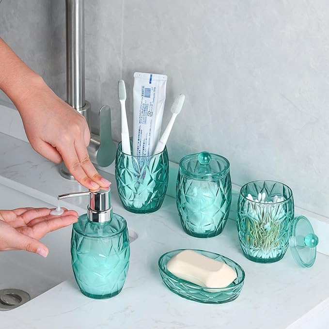 Shatterproof Acrylic Teal Blue Bathroom Accessories Set – Glass-Free, 5-Piece Vanity Set with Lotion Soap Dispenser, Toothbrush/Makeup Brush Holder, 2 Dust-Proof Cotton Jars, and Soap Dish