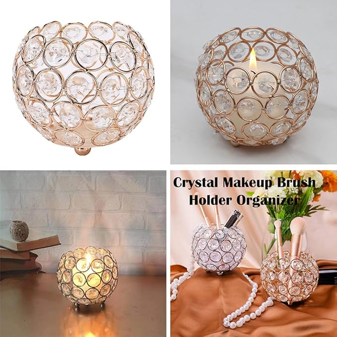 AKOAK 1 Pack Crystal Makeup Brush Holder Organizer, Makeup Comb Brush Eyebrow Pen/Pencil Cup Collection Storage Container, Candle Holder Decoration Tray for Vanity, Bathroom, Bedroom and Office