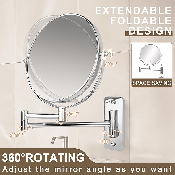 JANEEVA 8" Wall Mounted Makeup Mirror, 10X Magnifying Mirror with 360 Extendable Arm - Double Sided Vanity Mirror for Bathroom (Chrome)