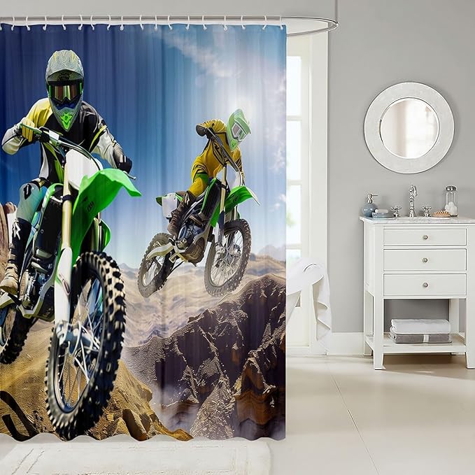 Feelyou Motocross Rider Waterproof Bath Curtain Boys Extreme Sports Theme Bathroom Curtain Dirt Bike Shower Curtain for Kids Teens Motorcycle Bathroom Accessories Stalls Decor 72"X72"