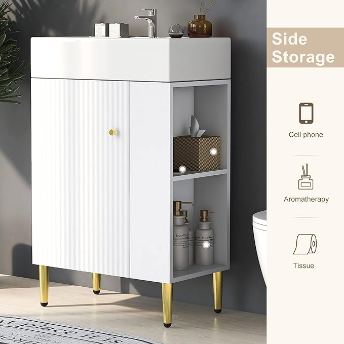 Virubi 21.6 in Small Bathroom Vanity with Sink,Doors and Storage Shelves,Wood Modern Single Fluted Bathroom Sink Cabinet Freestanding (White,Right Shelf)