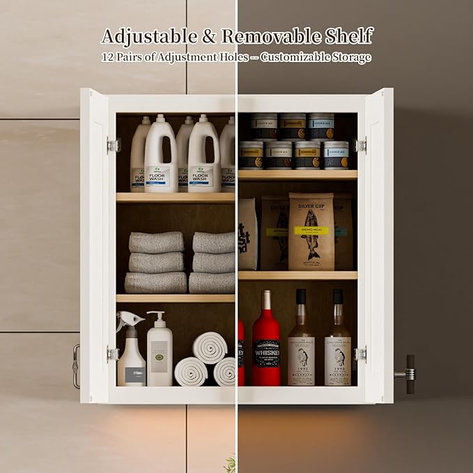 Kisart Laundry Room Cabinets Wall Mounted with Doors & Shelves, Solid Wood RTA Medicine Storage Cabinet, 30" Wx36 Hx12 D Inch White Shaker Hanging Cupboard, Space-Saving for Kitchen, Bathroom, Garage