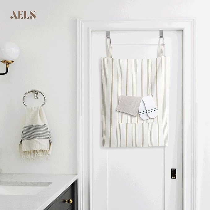 AELS Farmhouse Hanging Laundry Hamper with 2 Hooks, Boho Beige & Light Brown Stripes Laundry Bag with Zipper & Wide Open Top, Over the Door Organizer for Dirty Clothes, Washable Space Saving Storage