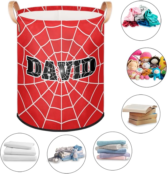 Spider Wed Personalized-Laundry-Hamper-Basket for Kids Custom Name Collapsible Storage Organizer Bin Dirty Clothes Toys Hamper for Boys Nursery in Laundry, Bedroom, Bathroom Blue Red