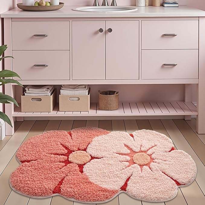 LUMI Flower Bath Rug, Funny Floral Bath Mat, Soft Plush Fluffy Red Rug, Absorbent, Non-Slip for Bathroom, Kitchen Sink, Bedroom, Kid's Bedroom, and Living Room, 24"x36", Bliss Pink