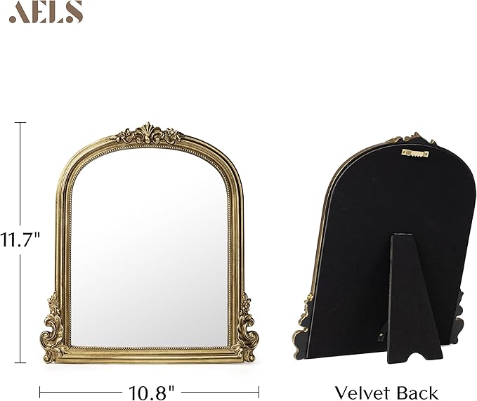 AELS 11.7"x10.8" Antique Gold Makeup Mirror, Vintage Arendahl Tabletop Vanity Mirror with Stand, Small Arched Mirror Wall Decor for Living Room Bedroom, Ornate Baroque Mirrors Luxury Home Decor