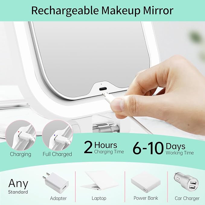 FASCINATE Rechargeable Travel Makeup Mirror 30X Magnification, Lighted Portable Vanity Mirror with 3 Colors Lighting & Stepless Dimming, Double Sided LED Mirror, Gift for Women (White+Bag)