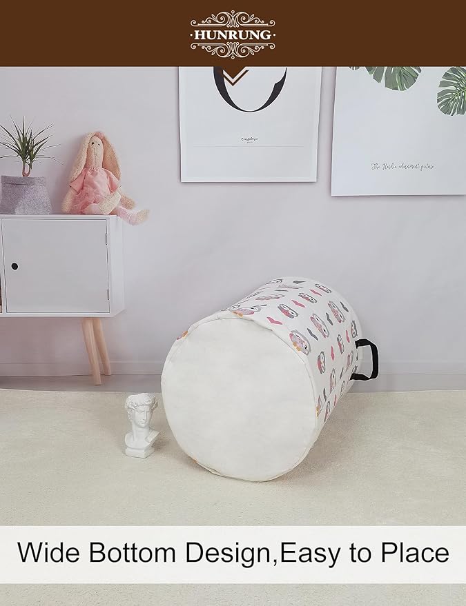 HUNRUNG Laundry Hamper,Large Canvas Fabric Lightweight Storage Basket Toy Organizer Dirty Clothes Collapsible Waterproof for College Dorms???Round-Love Owl???