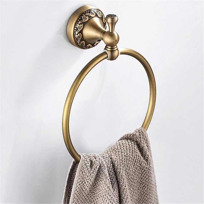 Flybath Round Towel Ring Antique Brass Exquisite Pattern Carving Hanger Hand Towel Holder for Bathroom Kitchen Accessories Wall Mounted, Brushed Bronze