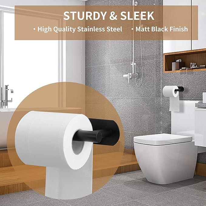 LAYUKI Toilet Paper Holder,Matt Black, Wall Mount,Upgraded Adhesive Toilet Paper Roll Holder,no Drilling,Bathroom/Rv/Washroom, SUS 304 Stainless Steel, Rustproof (Black, 2 Pieces)