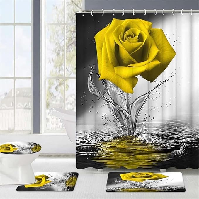 Yellow Rose Bathroom Sets with Shower Curtain and Rugs Water Yellow Rose Shower Curtain Set with Non-Slip Rugs,Bath Mat,Toilet Lid Cover and 12 Strong Hooks,Modern Style Shower Curtain for Bathroom