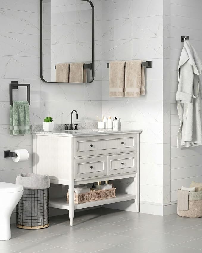 Kitsure 5-Pieces Bathroom Hardware Accessories Set, Rustproof Towel Racks for Bathroom Wall Mounted, 16" Towel Bar, Toilet Paper Holder, Ring & 2 Hooks, Matte Black