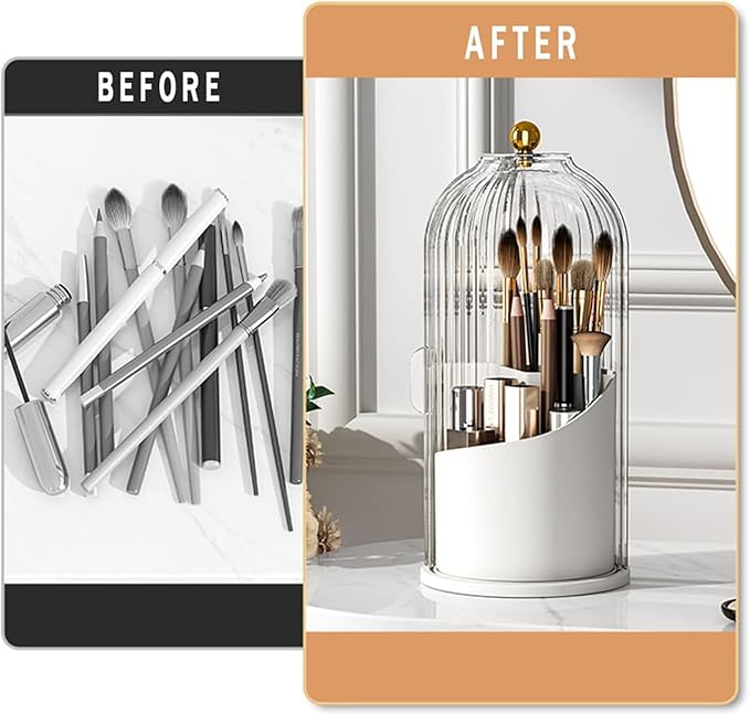 Makeup Brush Holder with Cover, Clear Dustproof Cosmetics Display Case, 360° Rotating Countertop Brushes Organizer for Bathroom Vanity Countertop (Black)