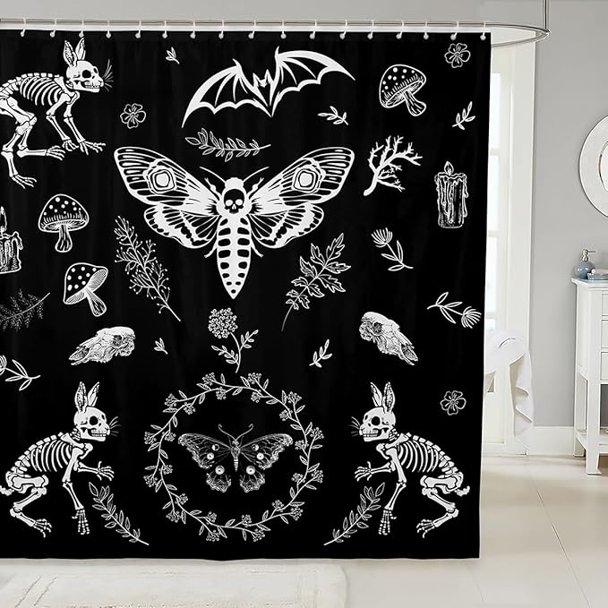 Moth Skull Shower Curtain for Bathtub Boho Personalized Animal Skeleton Btahroom Shower Curtains Halloween Gothic Bones Bath Curtain Mushrooom Rabbit Bathroom Decor Fabric Shower Curtain Set 72"x84"