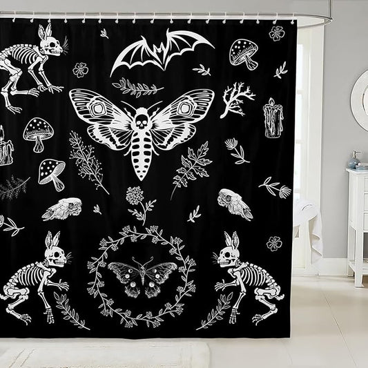 Moth Skull Shower Curtain for Bathtub Boho Personalized Animal Skeleton Btahroom Shower Curtains Halloween Gothic Bones Bath Curtain Mushrooom Rabbit Bathroom Decor Fabric Shower Curtain Set 72"x84"