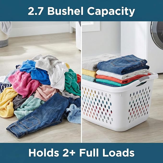 2.7 Bushel Jumbo Laundry Basket - Large Capacity Plastic Clothes Hamper with Reinforced Comfort Grip Handles - Vented Washing Bin for Family Rooms, Dorms, and Bathroom Organization - White