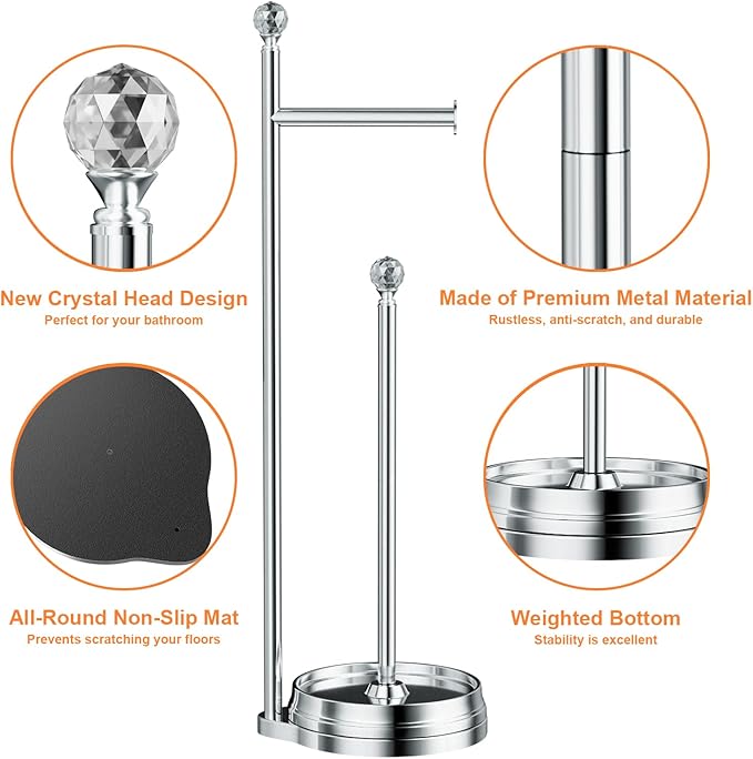 KASUNTO Toilet Paper Holder for Bathroom, Heavy Weighted Metal Free Standing Toilet Paper Holder Stand with Crystal Ball, Toilet Paper Roll Stand for Bathroom Accessories
