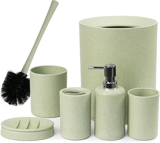 CERBIOR Bathroom Accessories Set 6 Piece Wheat Straw Bath Ensemble Includes Soap Dispenser, Toothbrush Holder, Toothbrush Cup, Soap Dish for Decorative Countertop and Housewarming Gift (Green)